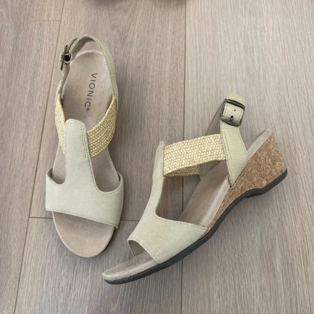Vionic Kaytie Wedge Sandals Cream Tan T-Strap Cork Heel Women 8